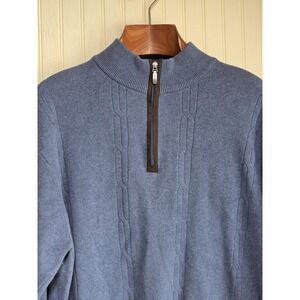 Alex Cannon Sweater Mens Large Blue Half Zip Mock Neck Elbow Patches Cotton